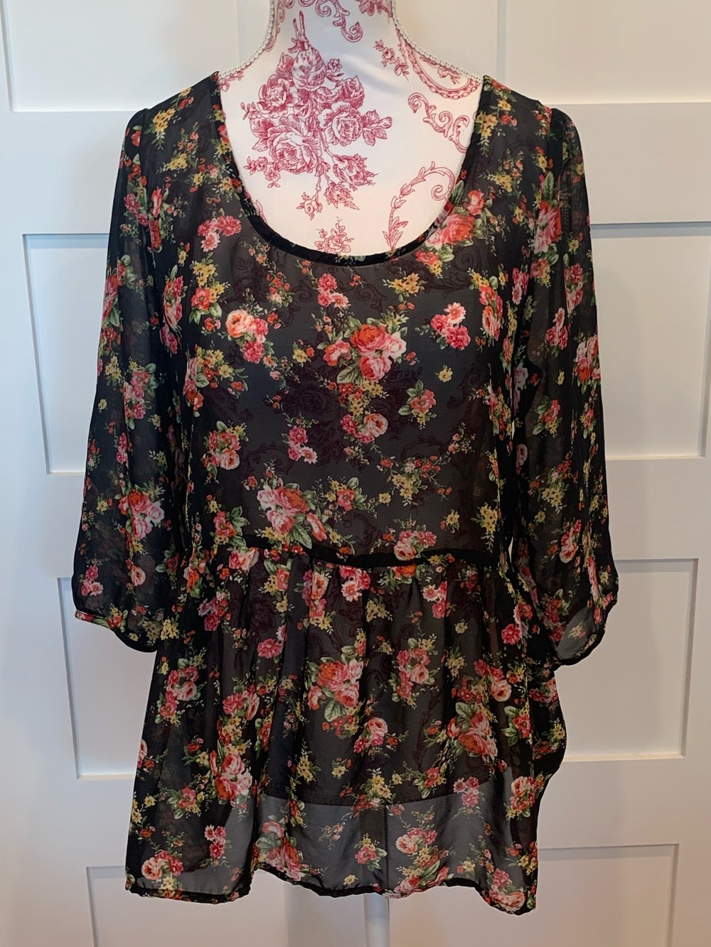 EUC Black Floral Sheer Peplum Tunic